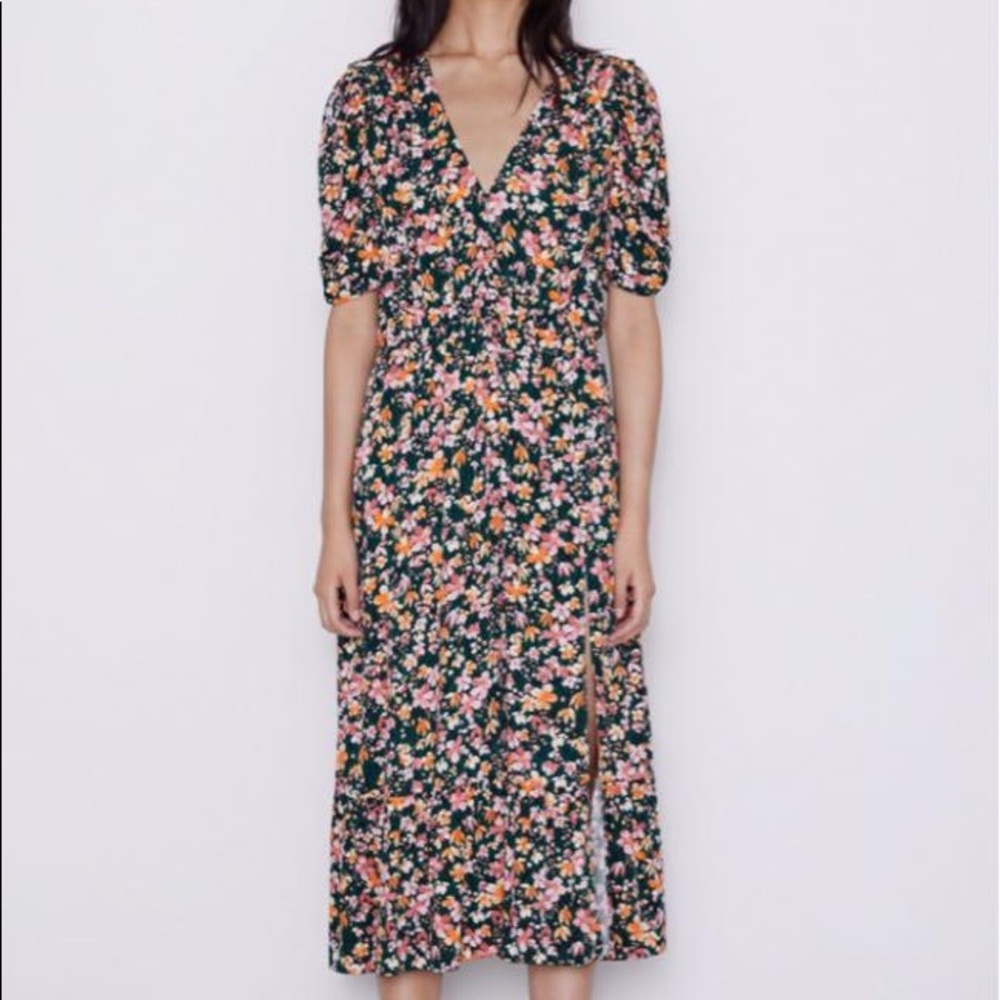 Zara viscose green floral midi dress